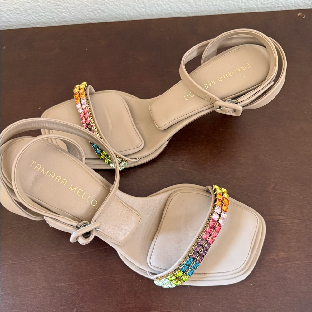 Tamara Mellon Rainbow Rhinestone Leather Sandals Heels Tan Comfort Luxury